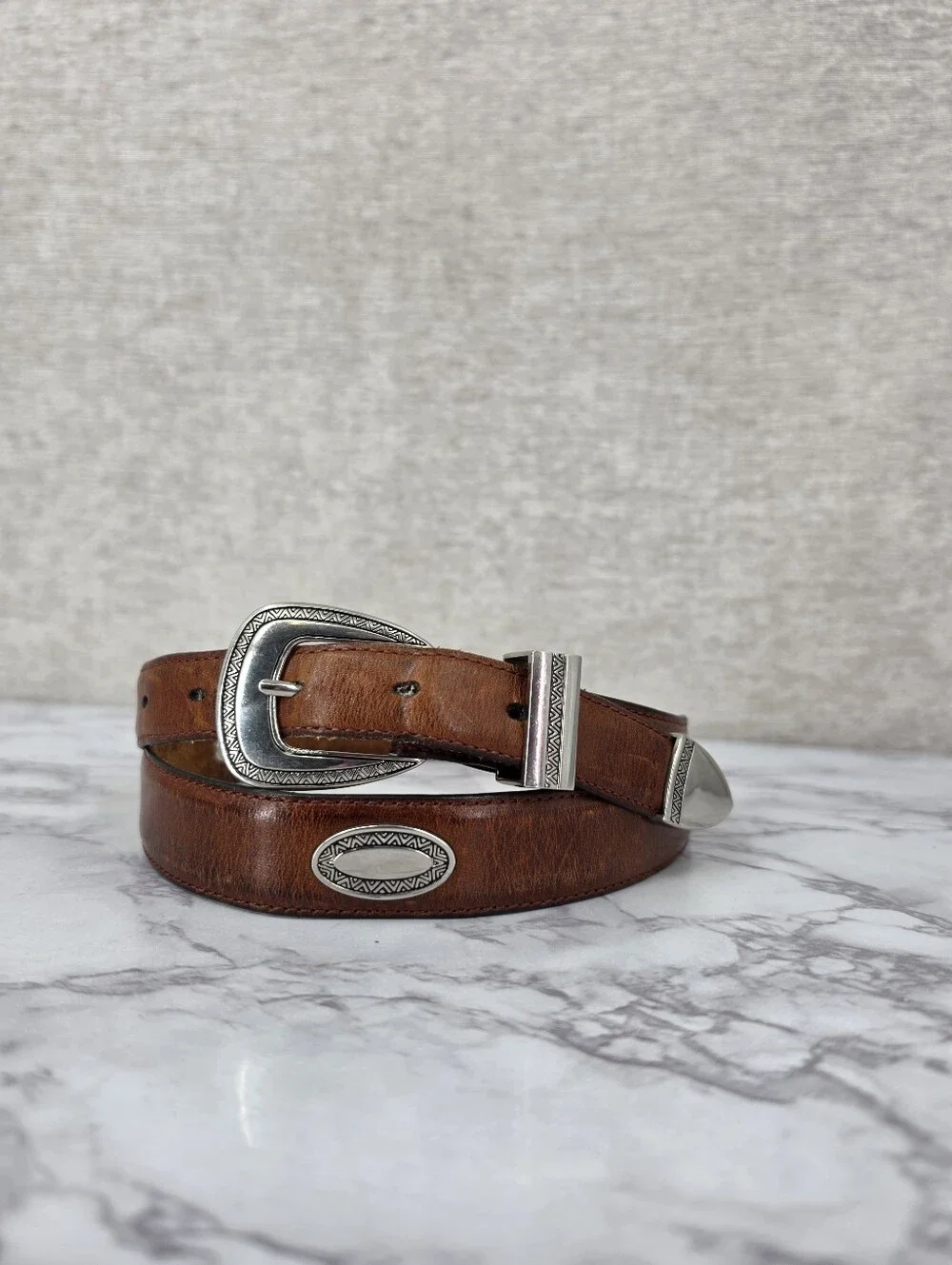Vintage Brown Leather Western Concho Men's Belt with Silver Tone Buckle Aztec